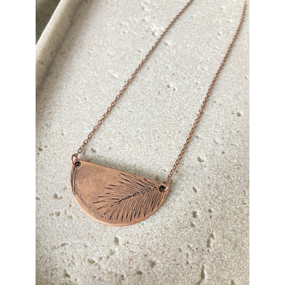 Copper Tone Half Moon Feather Pendant Necklace Etched Boho Minimalist Dainty
